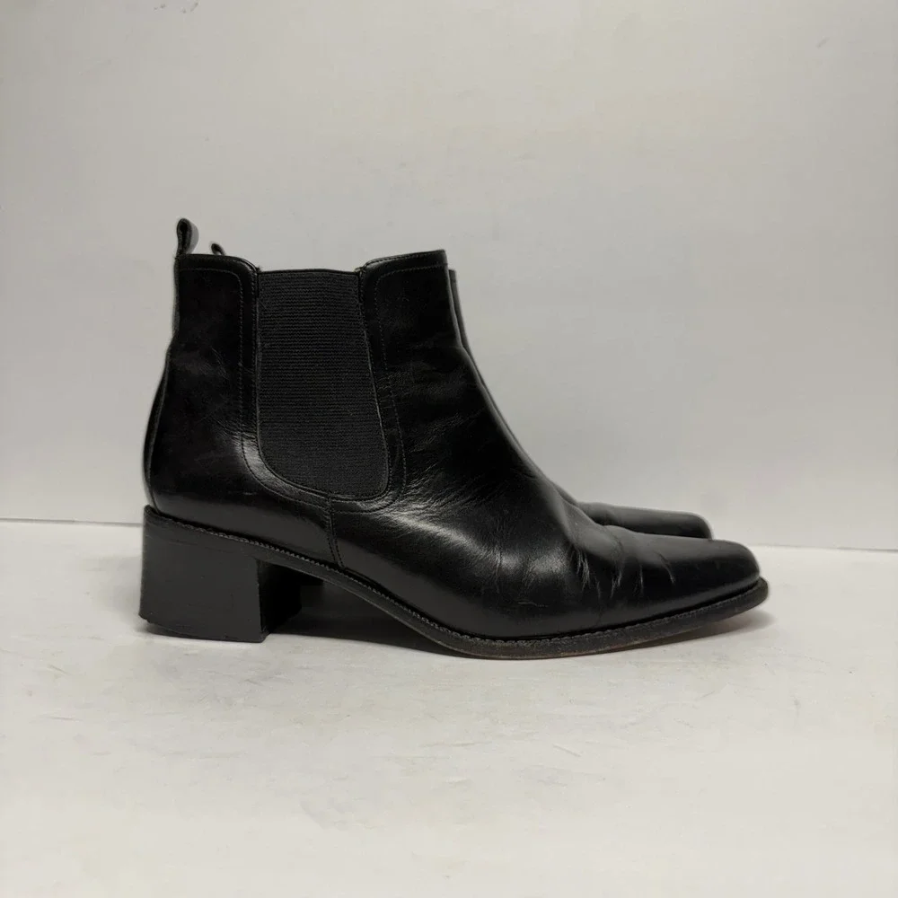 Ralph Lauren VTG Black Leather Pointed Toe Chelsea Boots Block Heel Ankle Size 7